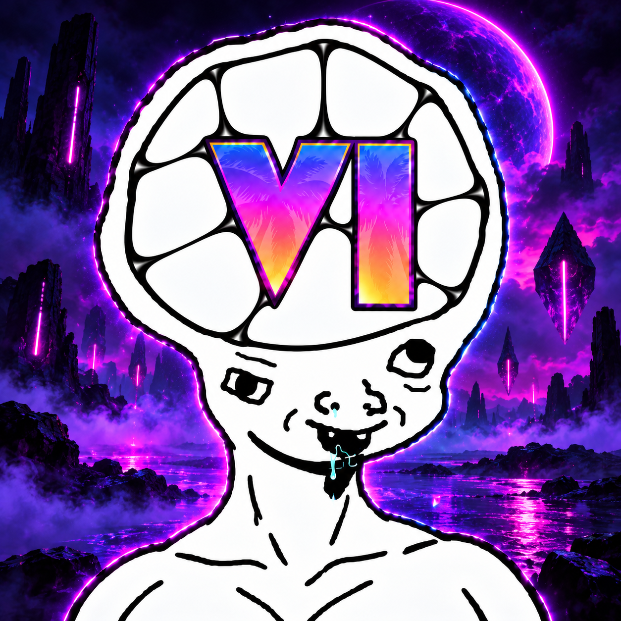 The $ATE mascot against an alien violet landscape